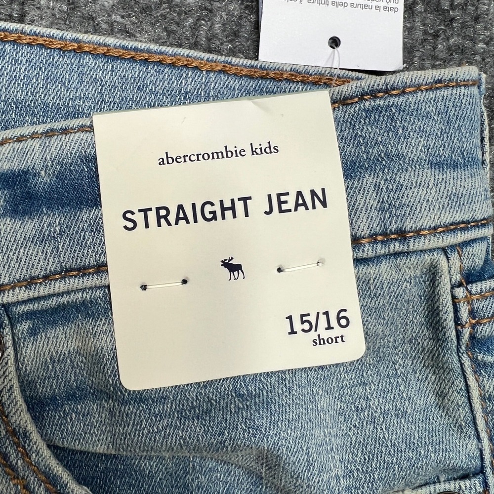 NWT Abercrombie Kids Straight Jeans Size 15/16 Short Light Wash Distressed‎ Blue - Picture 15 of 15